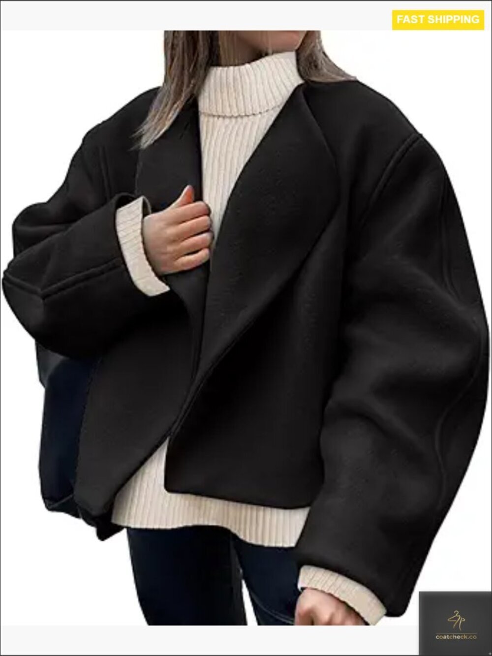 Oversized Cropped Pea Coat Lapel Open Front Jacket Winter Outerwear Chic